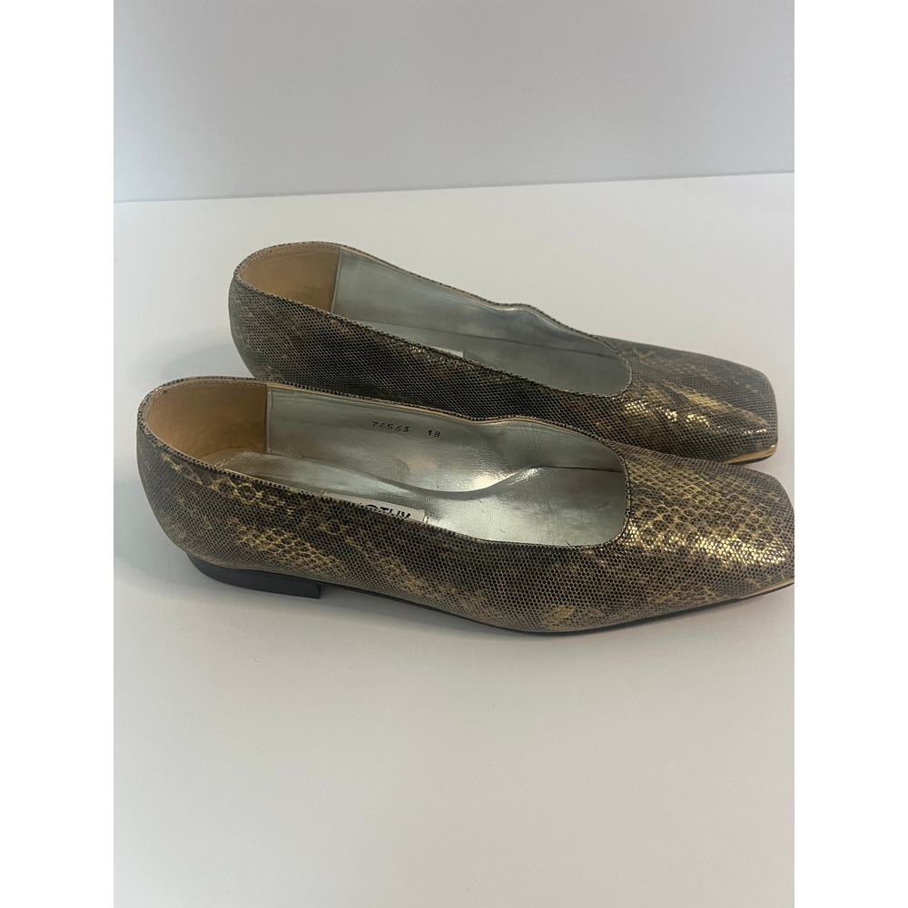 Timothy Hitsman Womens Snakeskin Embossed Square Toe Flats Gold Metallic Vintage